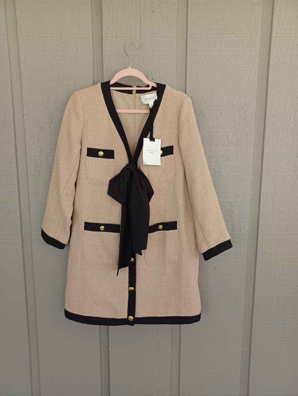 Pomander Place Tan Coco Tweed Bow Mini Dress Size L Women Long Sleeve Feminine